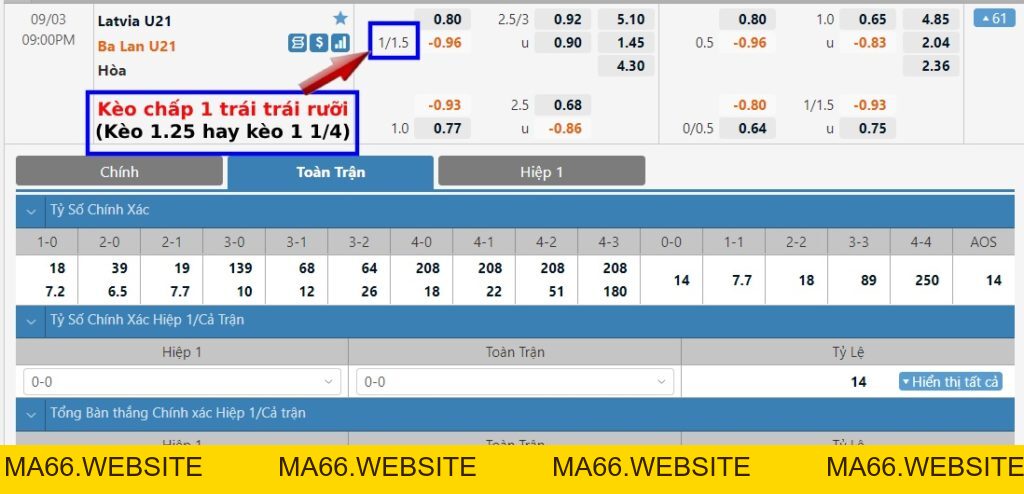Kèo 1.25, 1 1/4 trái là gì? Cách tính kèo chấp 1 trái trái rưỡi - Ma66