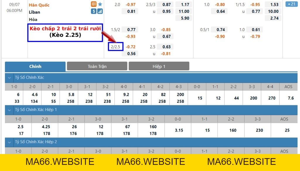 Kèo 2.25, 2 1/4 trái là gì? Cách tính kèo chấp 2 trái 2 trái rưỡi - Ma66